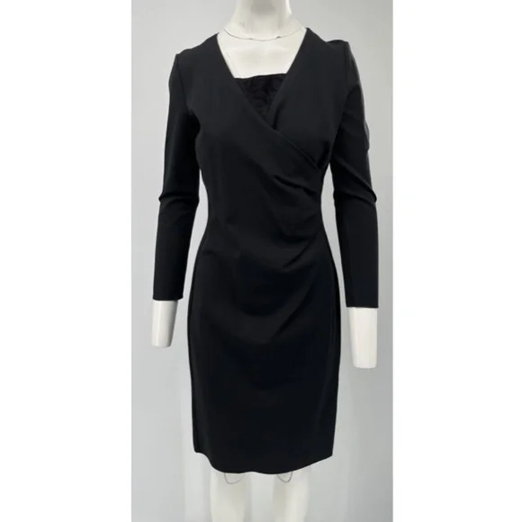 Armani Collezioni | Dresses | Armani Collezioni Black Long Sleeve Ruched  Faux Wrap Dress W Lace Vneck Sz 8 | Poshmark